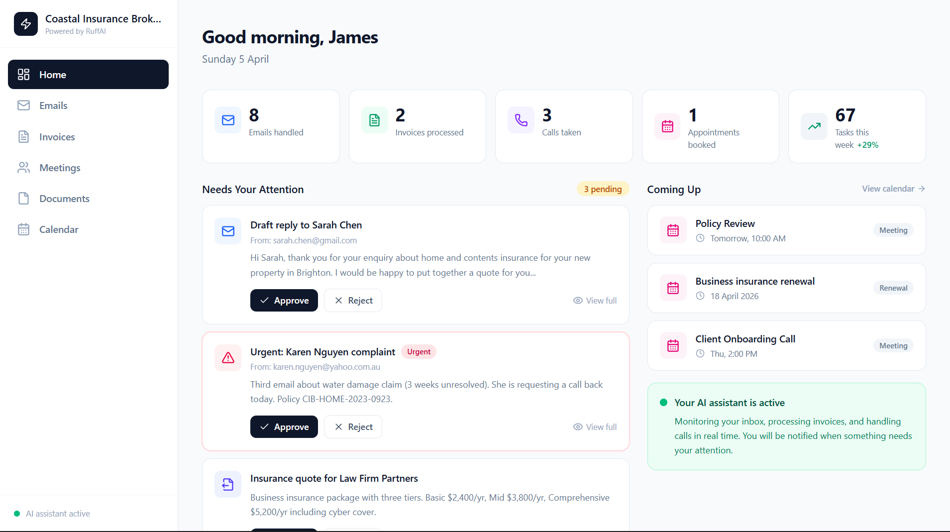 RuffAI admin dashboard showing agent activity in real time. Email classifications. Invoice processing. Meeting summaries. Renewal reminders.